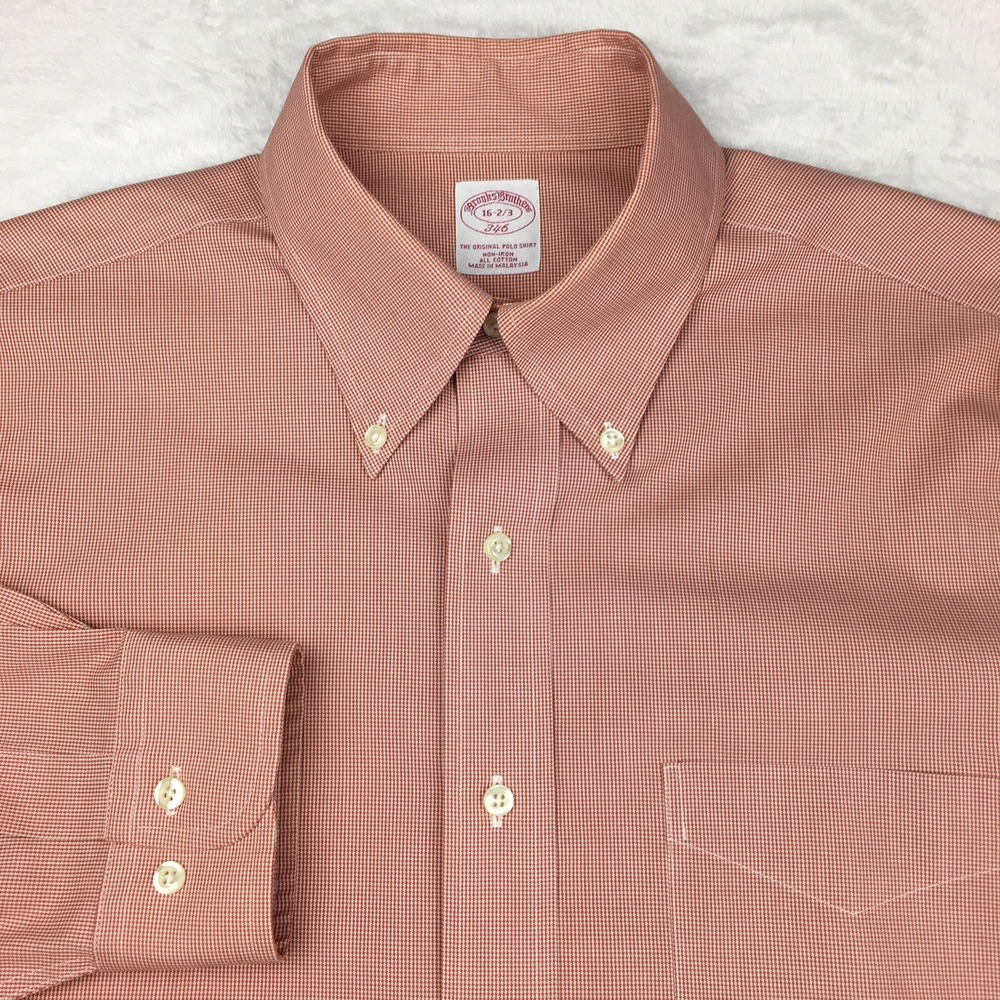 Brooks Brothers Dress Shirt Mens 16-2/3 Red Peach Micro-Check 346 Non‎ Iron